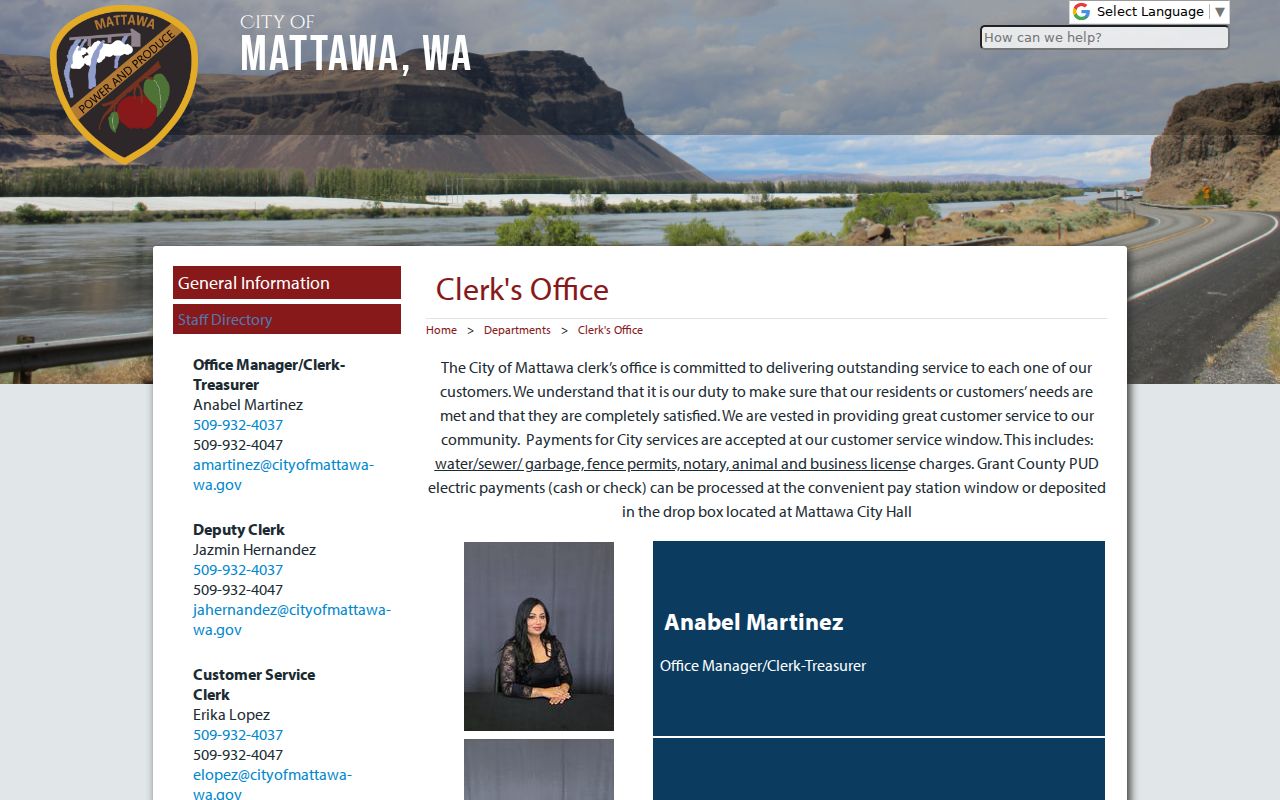 Mattawa City Clerk page for Grant County court records routing